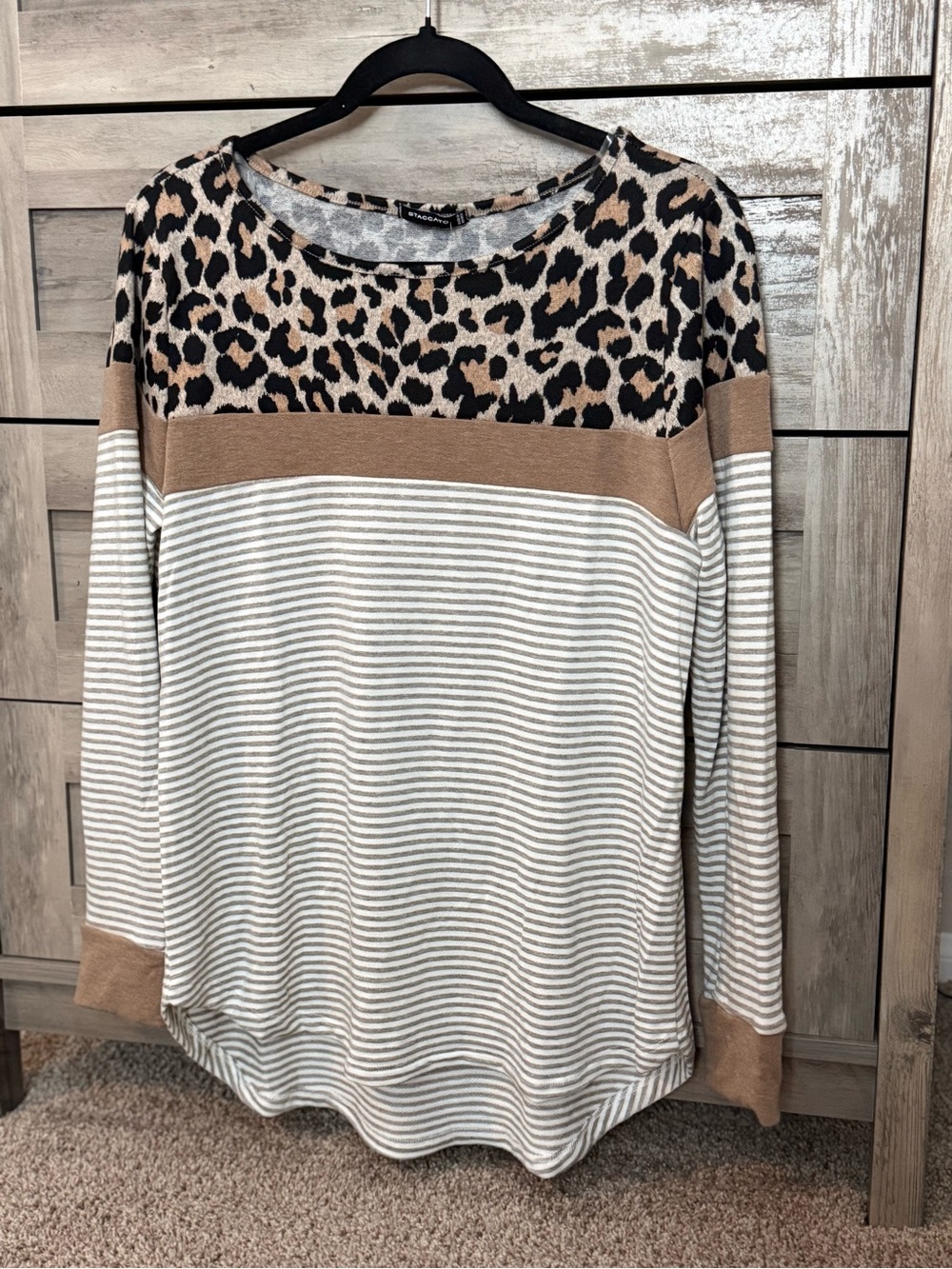 Staccato Leopard Yoke Striped Long Sleeve Top in Beige and Black